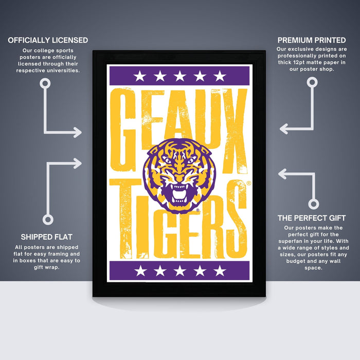 The image is a poster featuring the word "GEAUX TIGERS" in large yellow letters, with a tiger's face in the center. The poster is described as " Officially Licensed" and "Premium Printed", indicating that it is a high-quality, professionally printed poster. The poster is also described as "Shipped Flat" and "The Perfect Gift", suggesting that it is a convenient and thoughtful gift option.