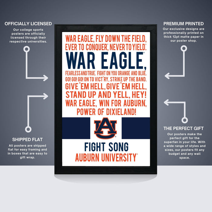 The image is a poster for the "War Eagle" from Auburn University, featuring a motivational message encouraging students to "Fly down the field, Never to yield." The poster is a combination of a framed poster and a printed poster, with the printed poster being a premium version. The poster is designed to be shipped flat and includes a list of features such as being officially licensed, having a perfect gift, and being the perfect gift for any college sports poster.