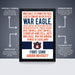 The image is a poster for the "War Eagle" from Auburn University, featuring a motivational message encouraging students to "Fly down the field, Never to yield." The poster is a combination of a framed poster and a printed poster, with the printed poster being a premium version. The poster is designed to be shipped flat and includes a list of features such as being officially licensed, having a perfect gift, and being the perfect gift for any college sports poster.