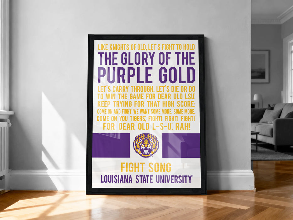 The image is a framed poster with text and a tiger logo, located in a living room setting.