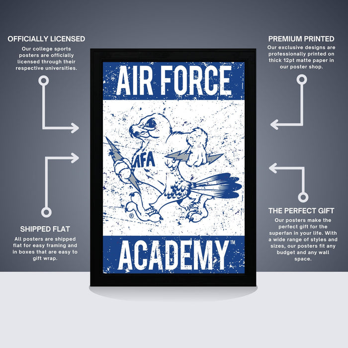 The image is a poster for the Air Force Academy, featuring a stylized illustration of a bird with wings and a sword. The poster is described as " Officially licensed" and "Premium printed", indicating that it is a high-quality, professionally printed poster. The poster is also described as a "Shipped flat" and "The perfect gift", suggesting that it is a thoughtful and practical gift option.