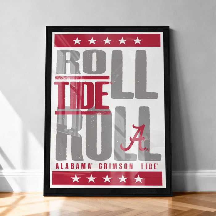 A framed poster with the text "ROLL TIDE A" prominently displayed, along with the text "ALABAMA'S CRIMSON TIDE" at the bottom.