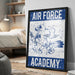 a framed poster with the text "AIR FORCE ACADEMY" and an illustration of a bird, likely representing the Air Force Academy.