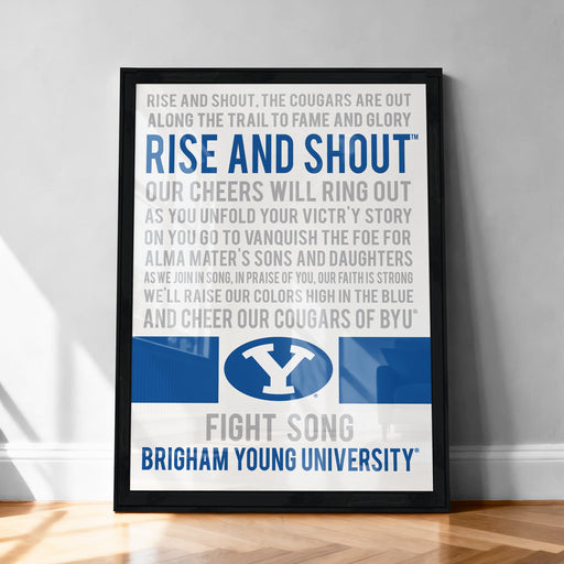 The image is a framed poster with text and a logo, promoting the Brigham Young University Cougars.