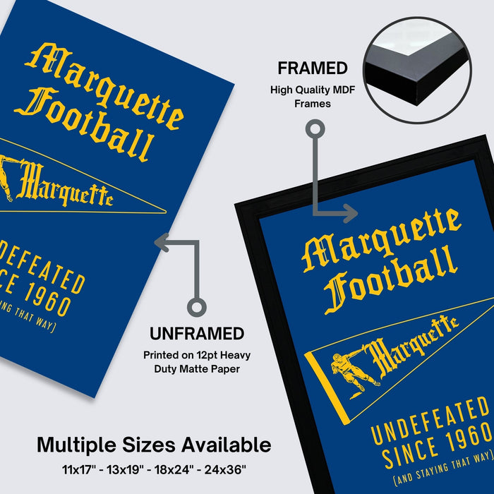 The image is a promotional graphic for Marquette Football, featuring two framed and unframed versions of the football team's logo and text. The framed version is labeled as "High Quality MDF Frames" and the unframed version is labeled as "Printed on 12pt Heavy Duty Matte Paper". The image also indicates that multiple sizes are available, including 11x17 - 13x19 - 18x24 - 24x36" and "UNDEFEATED SINCE 1960 (AND STAYING THAT WAY)".