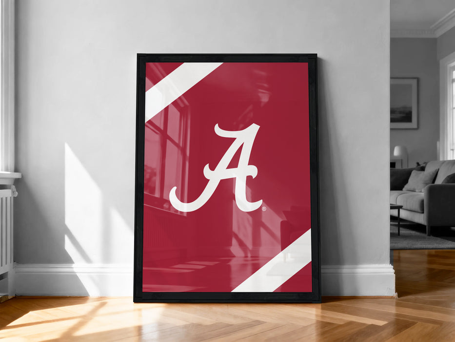 A framed poster with the letter "A" on it, displayed on a wall in a room.