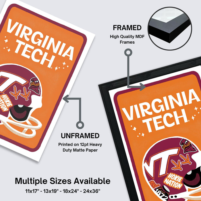 The image is a promotional poster for Virginia Tech, featuring a framed and unframed version of the logo, along with a list of frame sizes available.