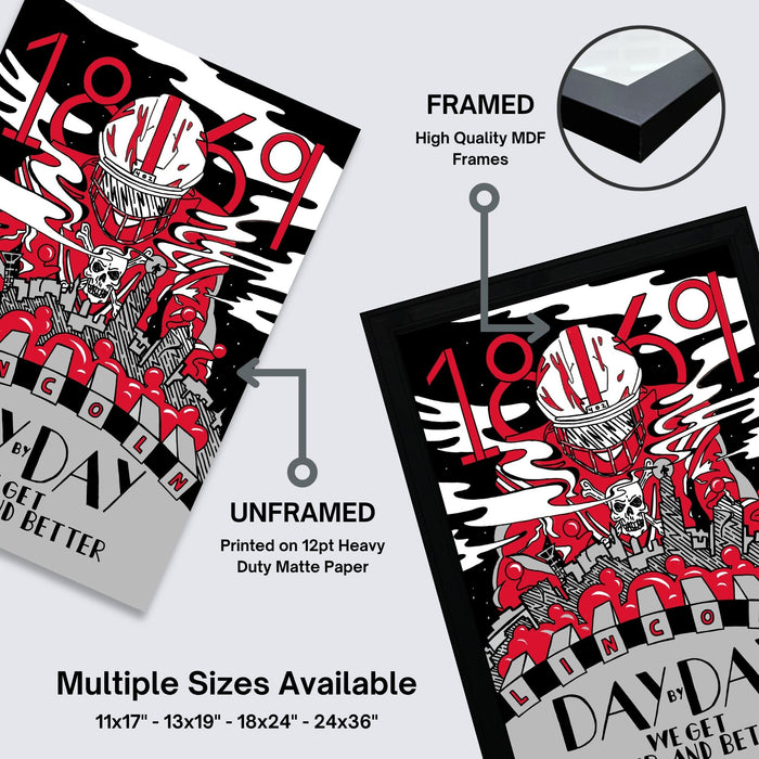 The image is a promotional poster for a product called "Day by Day" that features a stylized illustration of a skull and various other elements in a black and white color scheme. The poster is framed and labeled as "FRAMED" and "UNFRAMED" to indicate the printing method. It also mentions that multiple sizes are available, including 11x17 to 24x36 inches.