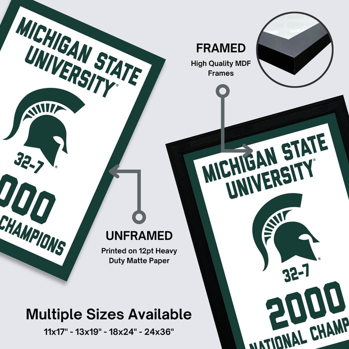 The image is a framed poster for Michigan State University, featuring the university's logo and text. The poster is framed and unframed, with the framed version highlighting the high-quality MDF used for the frame. The poster is available in multiple sizes, including 11'17" to 24'36" in width, and 13'19" to 24'36" in height.