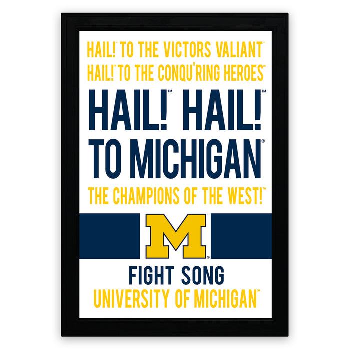 The image is a framed poster with text that reads "Hail! to the victors' champion! Hail! to the conquering heroes! Hail! to the champions of the west! Fight Song University of Michigan".