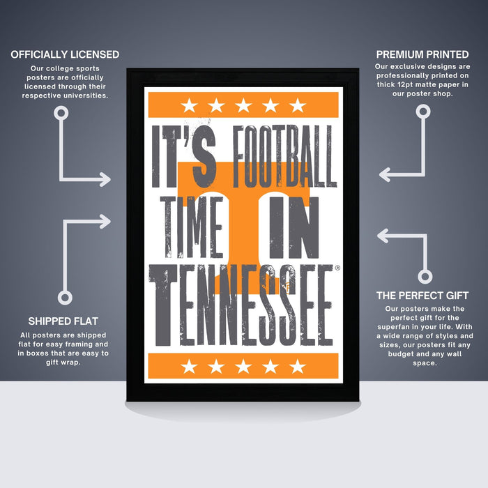 The image is a poster featuring the text "IT'S FOOTBALL TIME IN TENNESSEE" in a bold, orange font with a white outline. The poster is described as "OFFICIALLY LICENSED" and "PREMIUM PRINTED", indicating that it is a professionally printed poster with a premium design. The poster is also referred to as "THE PERFECT GIFT" and "SHIPPED FLAT", suggesting that it is a high-quality, easy-to-ship product.