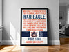 War Eagle, FLY DOWN THE FIELD, EVER TO CONQUER, NEVER TO YIELD. WAR EAGLE, FEARLESS AND TRUE, FIGHT ON YOU ORANGE AND BLUE, GO GO! ON TO VICTORY, STRIDE UP THE BAND, GIVE EM HELL, STAND UP AND YELL, HELL! WAR EAGLE, WIN FOR AUBURN, POWER OF DIXIELAND! FIGHT SONG AUBURN UNIVERSITY