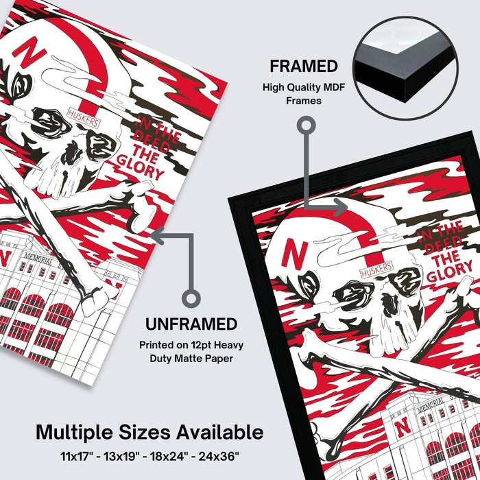 The image is a framed poster featuring a skull and crossbones design with the text "In the DEED the GLORY" and "N HUSKERS" printed on it. The poster is framed with high-quality MDF frames, and it is available in multiple sizes, including 11x17, 13x19, 18x24, and 24x36" in both framed and unframed versions.
