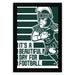 A framed poster featuring a cartoon illustration of a football player in a green and white uniform, with the text "It's a beautiful day for football."