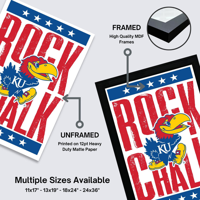 The image is a framed poster featuring a large bird mascot with the word "ROCK CHALLENGE" written on it. The poster is framed with a high-quality MDF material, and the image is described as an unframed print, printed on 12pt heavy duty matte paper. Multiple sizes are available, including 11x17 - 13x19" - 18x24" - 24x36" - 24x48" - 24x64" - 24x96" - 24x144" - 24x216" - 24x288" - 24x324" - 24x336" - 24x336.