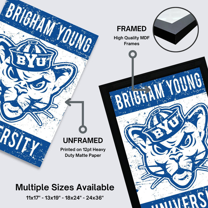 The image is a promotional poster for Brigham Young University, featuring the university's logo and text. It is framed and unframed, with the framed version highlighting the high-quality MDF frames. The poster is available in multiple sizes, including 11x17, 13x19, 18x24, and 24x36 inches.
