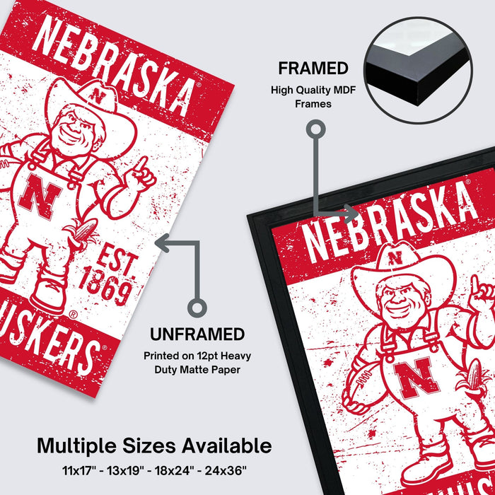 The image is a collage of two framed and two unframed images of the Nebraska Wildcats football team. The framed images are labeled as high-quality MDF frames, while the unframed images are printed on 12pt heavy duty matte paper. Multiple sizes are available, including 11x17 - 13x19" - 18x24" - 24x36" - 24x36" - 24x36".