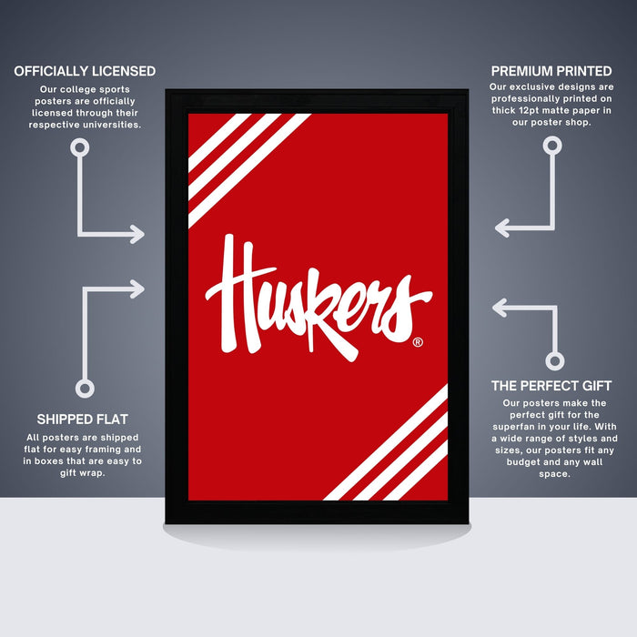The image is a promotional poster for a college sports poster, featuring the word "Huskies" in white text on a red background. The poster is described as " Officially Licensed" and "Premium Printed", indicating that it is a high-quality, professionally printed poster. The poster is also described as "Shipped Flat" and "The Perfect Gift", suggesting that it is a convenient and attractive gift option for college students.