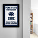 A framed poster on a wall displaying the Penn State University logo and text, indicating that the university was a college football national championship winner in 1982.