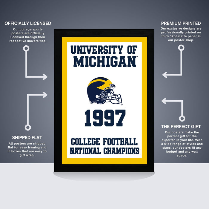 The image is a framed poster for the University of Michigan's 1997 College Football National Champions, featuring a football helmet and the text "1997".