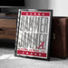 a framed poster with the text "RAMMER JAMMER" and "ALABAMA GRIMSON TIDE" printed on it, placed on a carpeted floor next to a wooden chest.