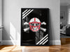 A framed poster with a skull wearing a football helmet and crossed bones, set against a black background with white stripes.