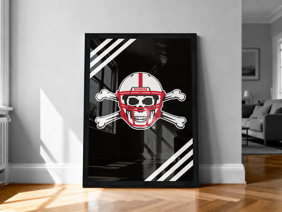 A framed poster with a skull wearing a football helmet and crossed bones, set against a black background with white stripes.