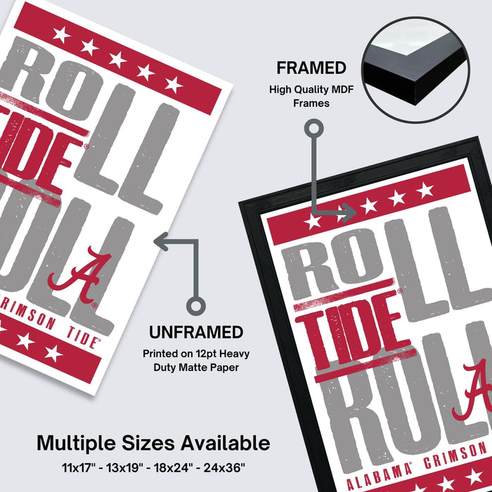 The image is a framed poster with the text "Roll Tide Alabama" printed on it. The poster is framed with a black border and features a star pattern. The poster is described as an unframed poster printed on 12pt heavy duty matte paper, and it is available in multiple sizes, including 11x17, 13x19, 18x24, and 24x36".