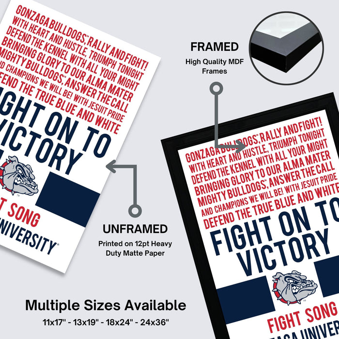 The image is a promotional poster for a university event, featuring a bulldog and text that reads "FIGHT ON VICTORY" and "GONZAGA BULLDOGS: RALLY AND FIGHT!". The poster is framed and unframed, with the framed version labeled as "FRAMED High Quality MDF Frames". The poster is available in multiple sizes, including 11x17, 13x19, 18x24, and 24x36" frames.