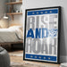 a framed poster with the text "RISE AND Roar" and a cat logo, displayed on a wall in a bedroom setting.