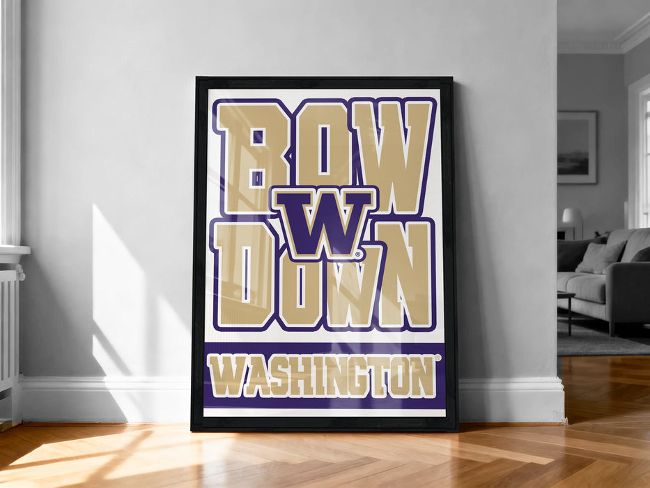a poster with the text "BOW down WASHINGTON" displayed prominently on a wall.