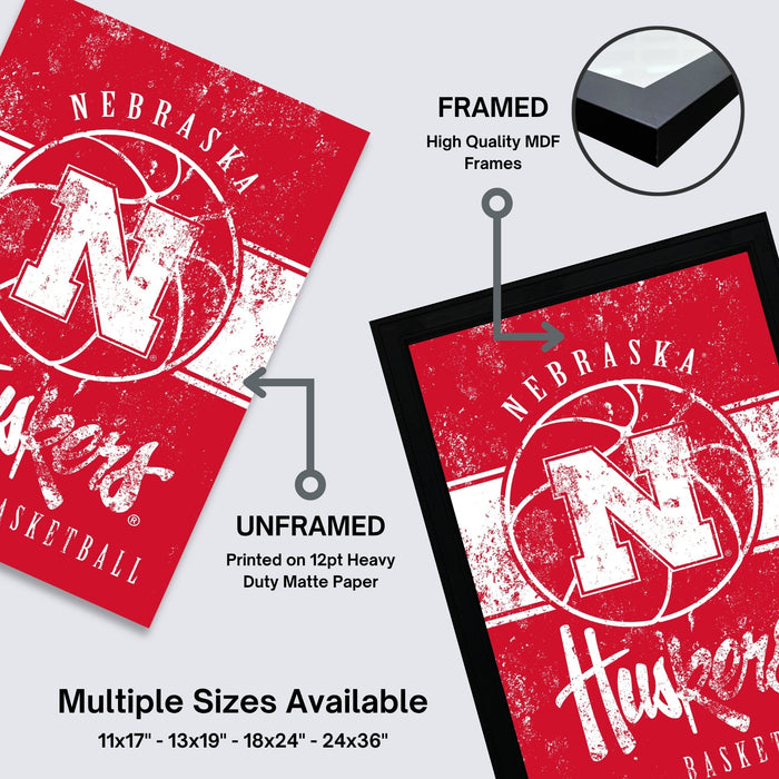 The image is a collage of two framed and two unframed images, both featuring the Nebraska basketball team logo. The framed image is a high-quality MDF frame, while the unframed image is printed on 12pt heavy duty matte paper. Multiple sizes are available, including 11x17 - 13x19 - 18x24 - 24x36", and the text indicates that the image is a collage of multiple images.