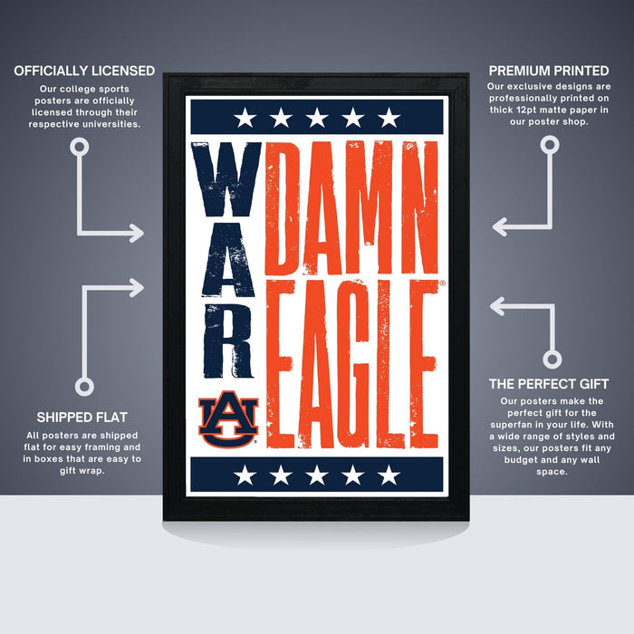 The image is a poster featuring the text "WARN'EAGLE" in large orange and blue letters, with a smaller "A" in the center. The poster is described as " Officially Licensed" and "Premium Printed", indicating that it is a high-quality product. The poster is also referred to as "The Perfect Gift" and "Shipped Flat", suggesting that it is a desirable item for gift-giving purposes.