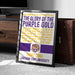 a framed poster with text and a tiger logo, placed on a carpeted floor next to a wooden chest.