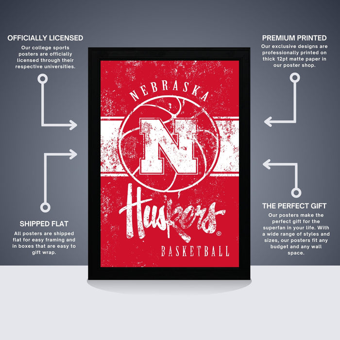 The image is a poster featuring the Nebraska Huskies basketball team. It is a red poster with white text and graphics, including arrows pointing to different parts of the poster. The poster is described as " Officially licensed" and "Premium printed", indicating that it is a high-quality, professionally printed poster. The poster is also described as "Shipped flat" and "The perfect gift", suggesting that it is a thoughtful and practical gift option.
