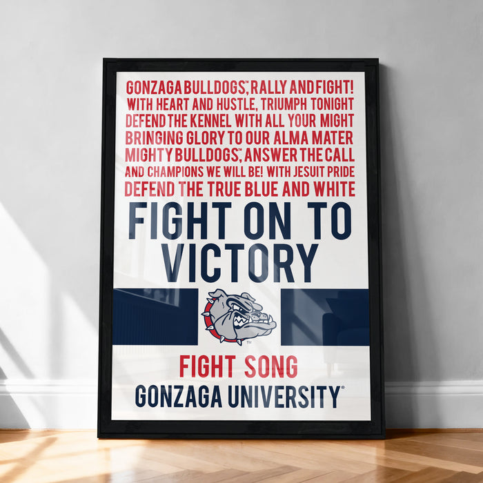The image is a framed poster with text and a bulldog logo, promoting Gonzaga University.