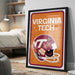 A framed poster of a Virginia Tech football helmet is displayed on a wall in a bedroom.