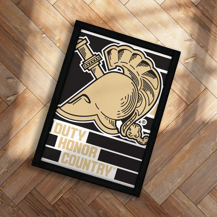 A framed poster with a stylized illustration of a helmet and the text "DUTY Honor Country" on a wooden floor.
