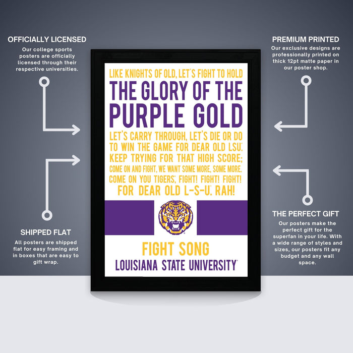 The image is a framed poster from Louisiana State University featuring a tiger logo and text promoting the university's sports teams.