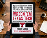 A framed poster with text promoting Texas Tech University, featuring a message about the university's name and a call to action for people to join the fight.