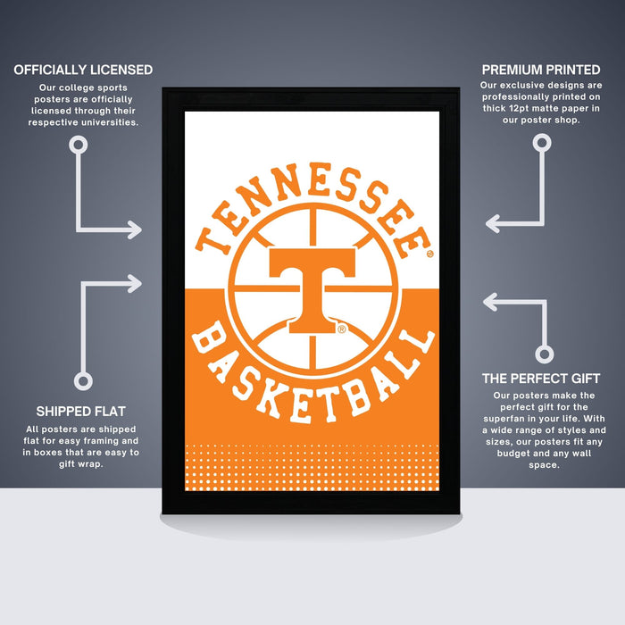 The image is a collage of two posters, one of which is a basketball poster for the Tennessee Titans, and the other is a college sports poster. The basketball poster is labeled as "OFFICIALLY LICENSED" and the college sports poster is labeled as "PREMIUM PRINTED". The text indicates that all posters are shipped in boxes that are easy to gift wrap.