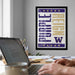 a person working on a laptop at a desk, with a framed poster featuring the word "Purple" and " Reign" on the wall behind them.