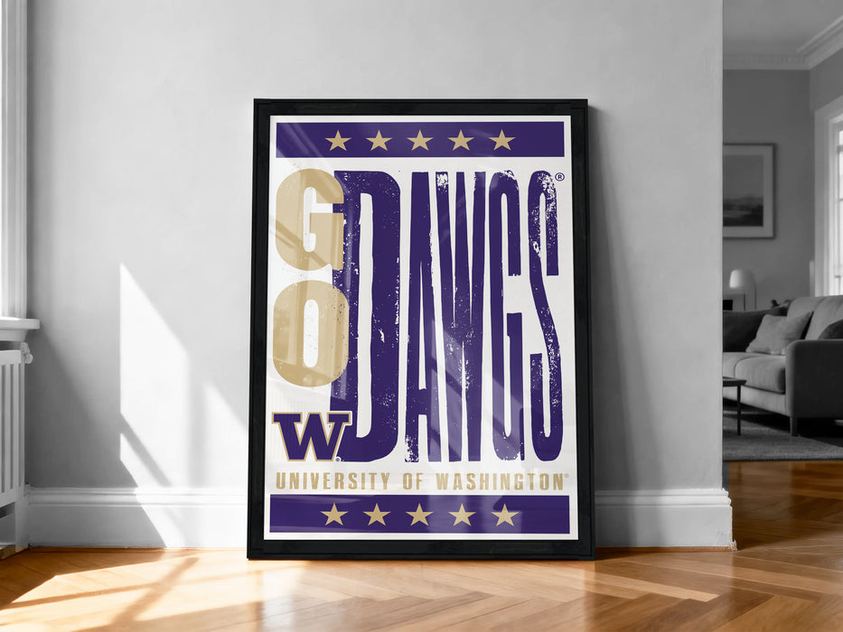 a poster with the text "GO WASHINGTON" and "UNIVERSITY OF WASHINGTON" displayed prominently.