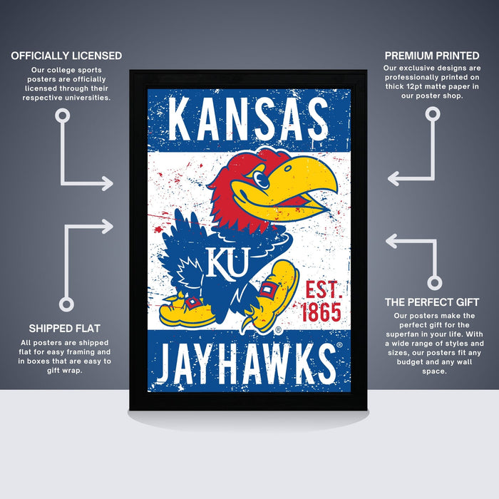 The image is a poster featuring the Kansas Jayhawks, a college sports team. The poster is a framed poster with a bird illustration and text, and it is described as an officially licensed poster, a premium printed poster, and a perfect gift. The poster is shipped flat and comes in boxes that are easy to gift wrap.
