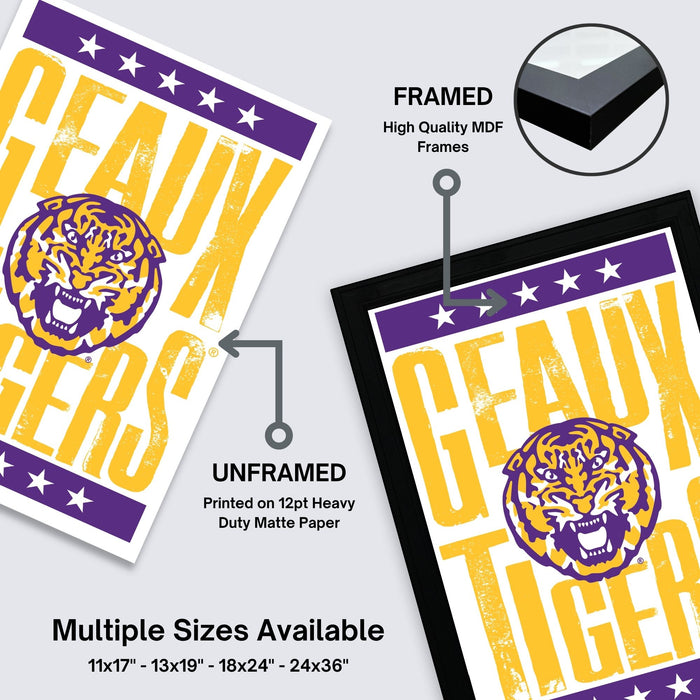 The image is a promotional poster for a sports team, specifically the Louisiana Tigers. It features a tiger logo and text, with a comparison between a framed and unframed version of the poster. The poster is available in multiple sizes, including 11x17 to 24x36 inches.