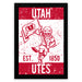 A framed poster featuring a stylized illustration of a bird holding a flag, with the text "UTAH EST. 1850 Utes" prominently displayed.