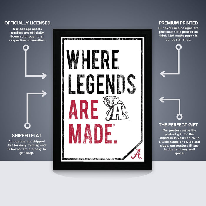 The image is a poster with the text "WHERE LEGENDS ARE MADE." The poster is a college sports poster and is described as " Officially Licensed" and "Premium Printed." The poster is a "Shipped Flat" and is described as "The perfect gift." The poster is also referred to as "The perfect gift" and "The perfect gift for the college sports fan."