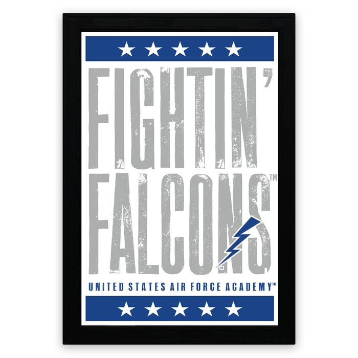 The image is a framed poster featuring the text "FIGHTIN' FALCONS" in a bold, stylized font. The poster is framed in black and has a blue border with white stars.