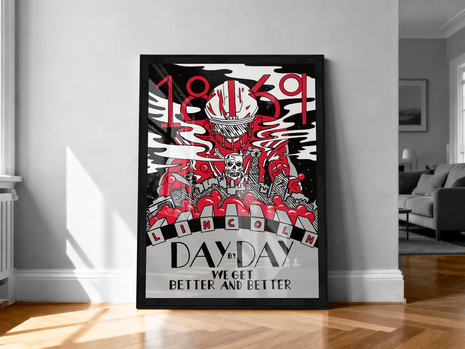a poster with a black and white design, featuring a skull and a cityscape. The poster is titled "Day by Day" and includes the text "We get better and better".