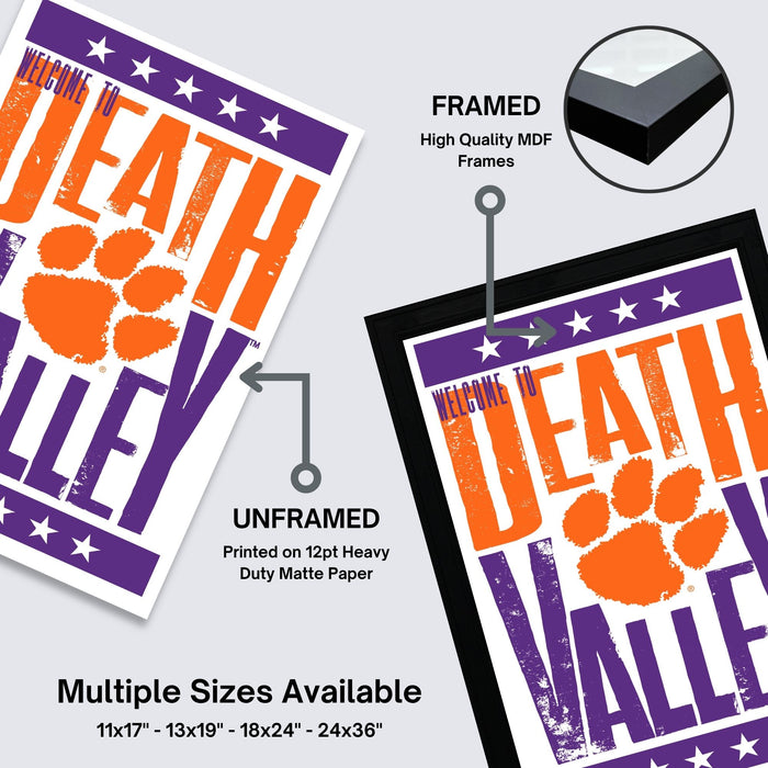 The image is a framed poster with the text "Welcome to Death Valley" printed on it. The poster is framed with a black border and features a large orange and purple design with a paw print. The poster is available in multiple sizes, including 11x17, 13x19, 18x24, and 24x36" frames.